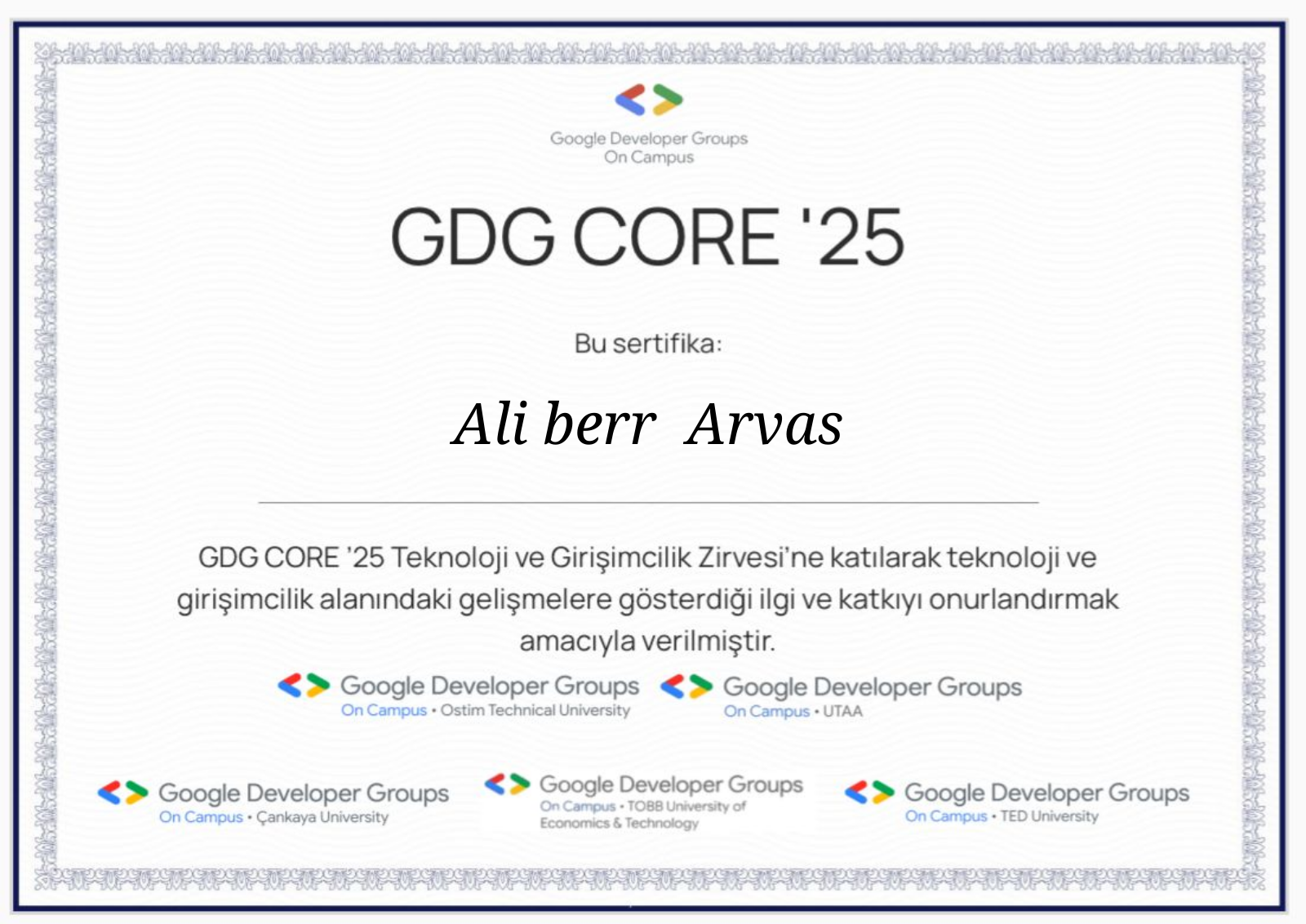GDG CORE '25 Teknoloji ve Girişimcilik Zirvesi Katılım Sertifikası